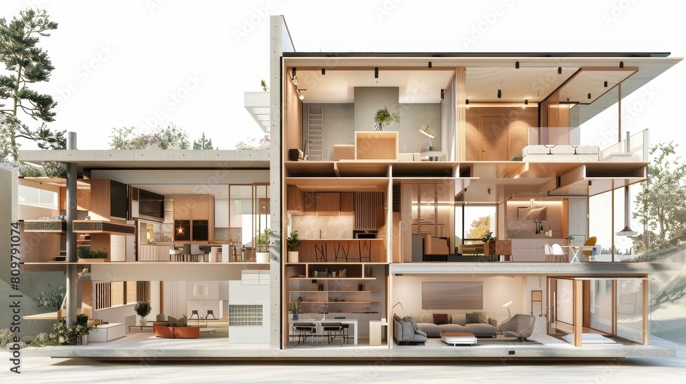 3D Interior House Cross-section Rendering